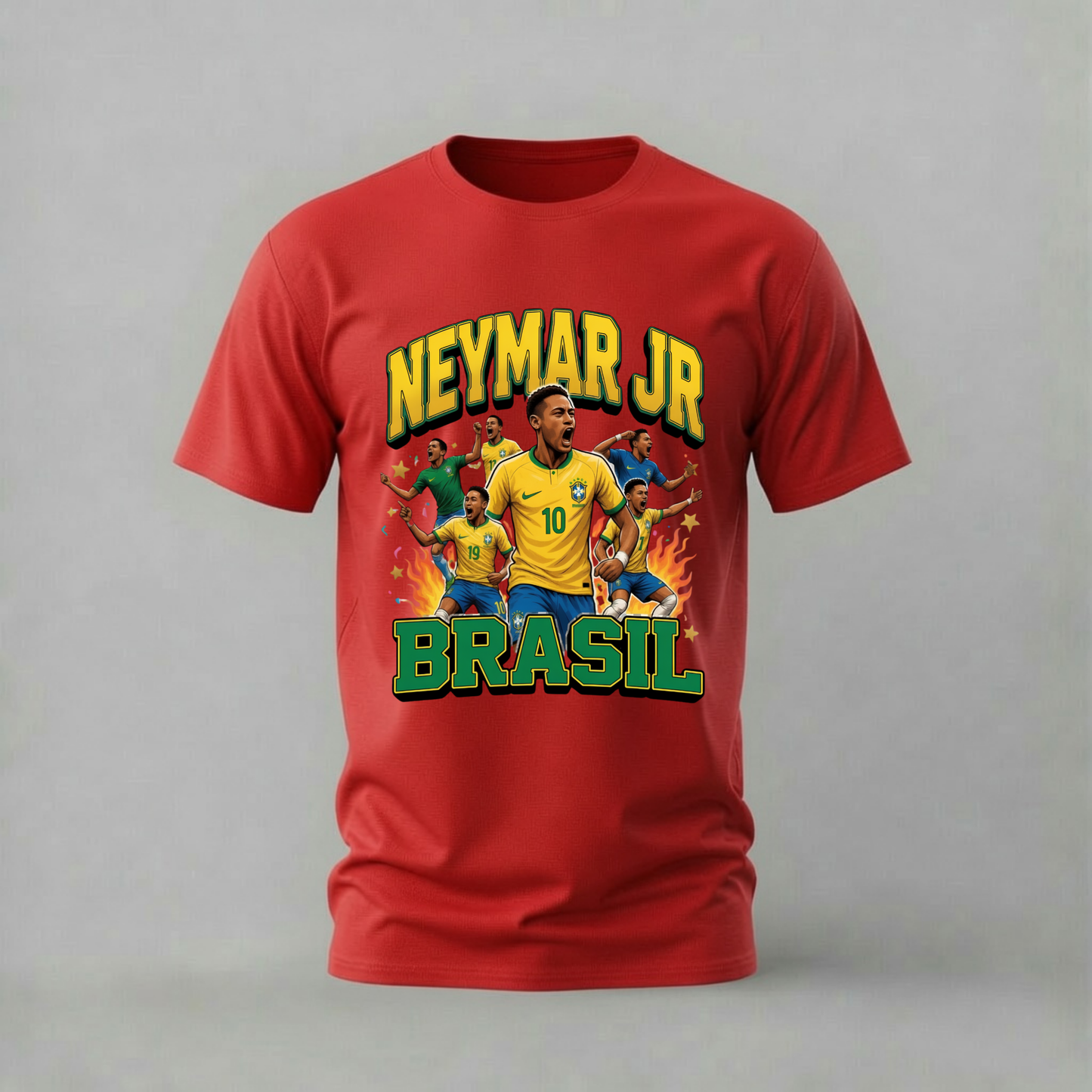 A red short-sleeve crewneck t-shirt featuring a graphic print of Neymar Jr. in a yellow Brazil soccer jersey, with 'NEYMAR JR' in yellow text above and 'BRASIL' in green text below, set against a plain gray background.
