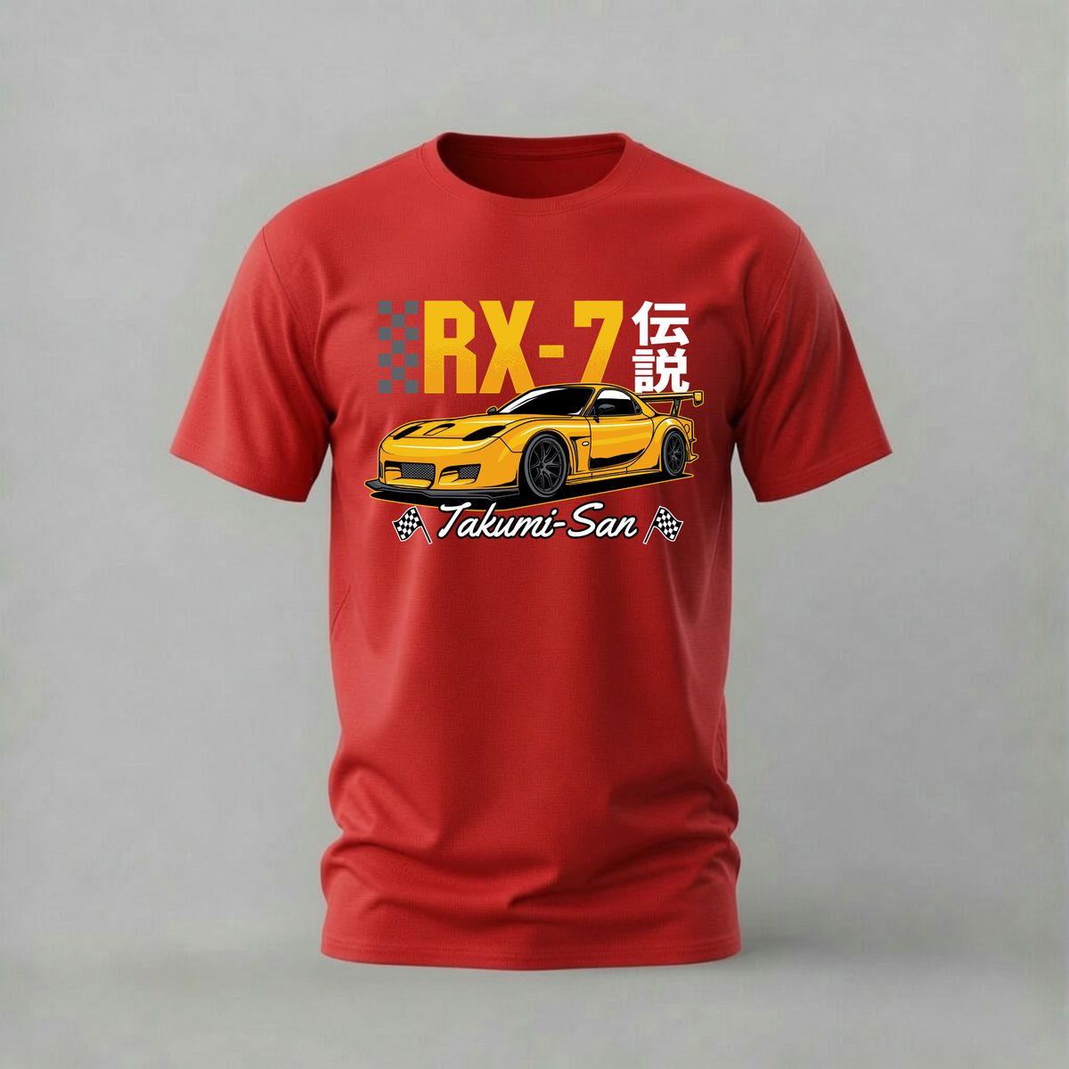 A red short-sleeve crewneck t-shirt featuring a graphic print of a yellow sports car with the text 'RX-7' and 'Takumi San' on a gray studio background.
