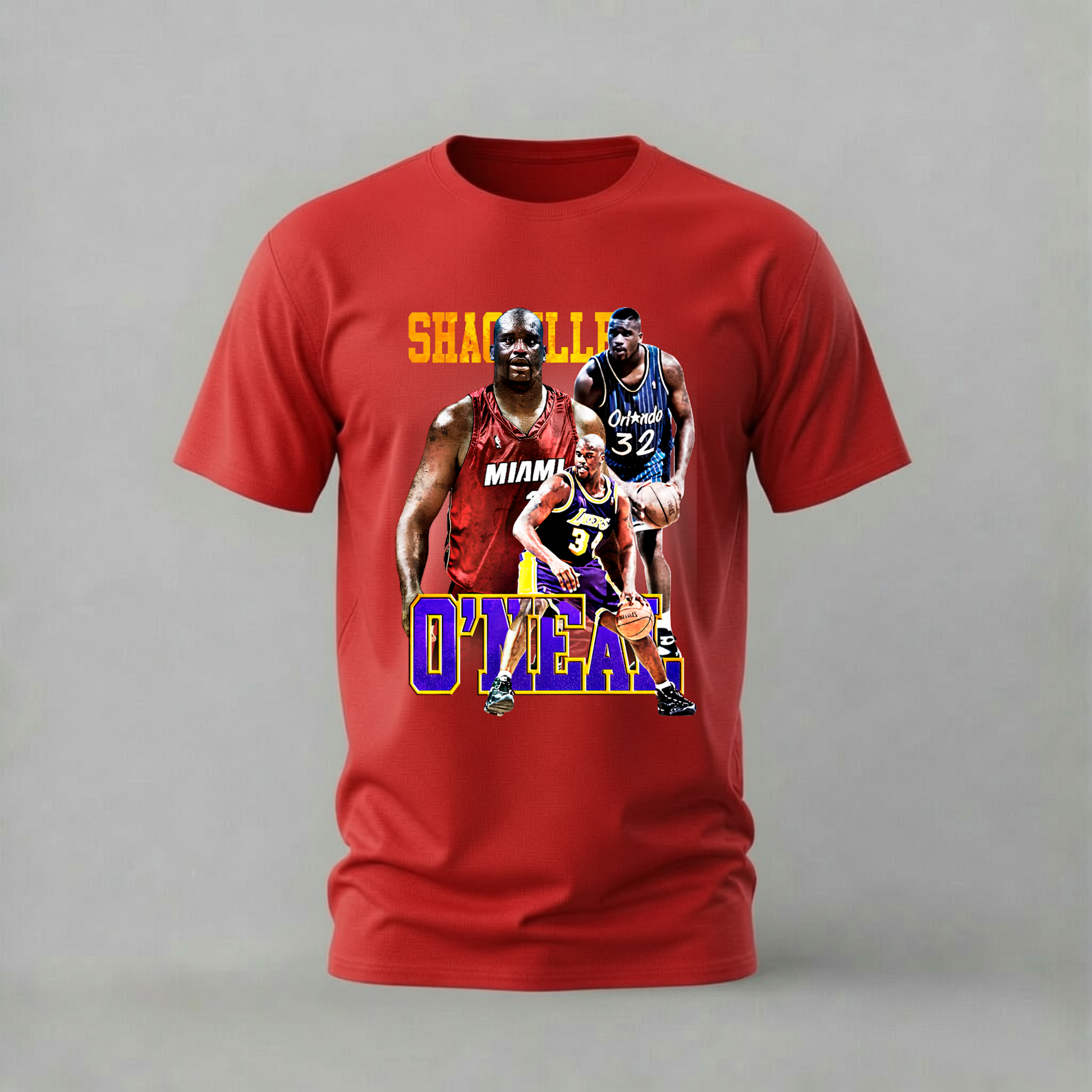 A red short-sleeve crewneck t-shirt featuring a graphic print of basketball player Shaquille O'Neal in various Miami and San Antonio Spurs jerseys, with 'SHAQUILLE O'NEAL' printed in yellow and purple text.
