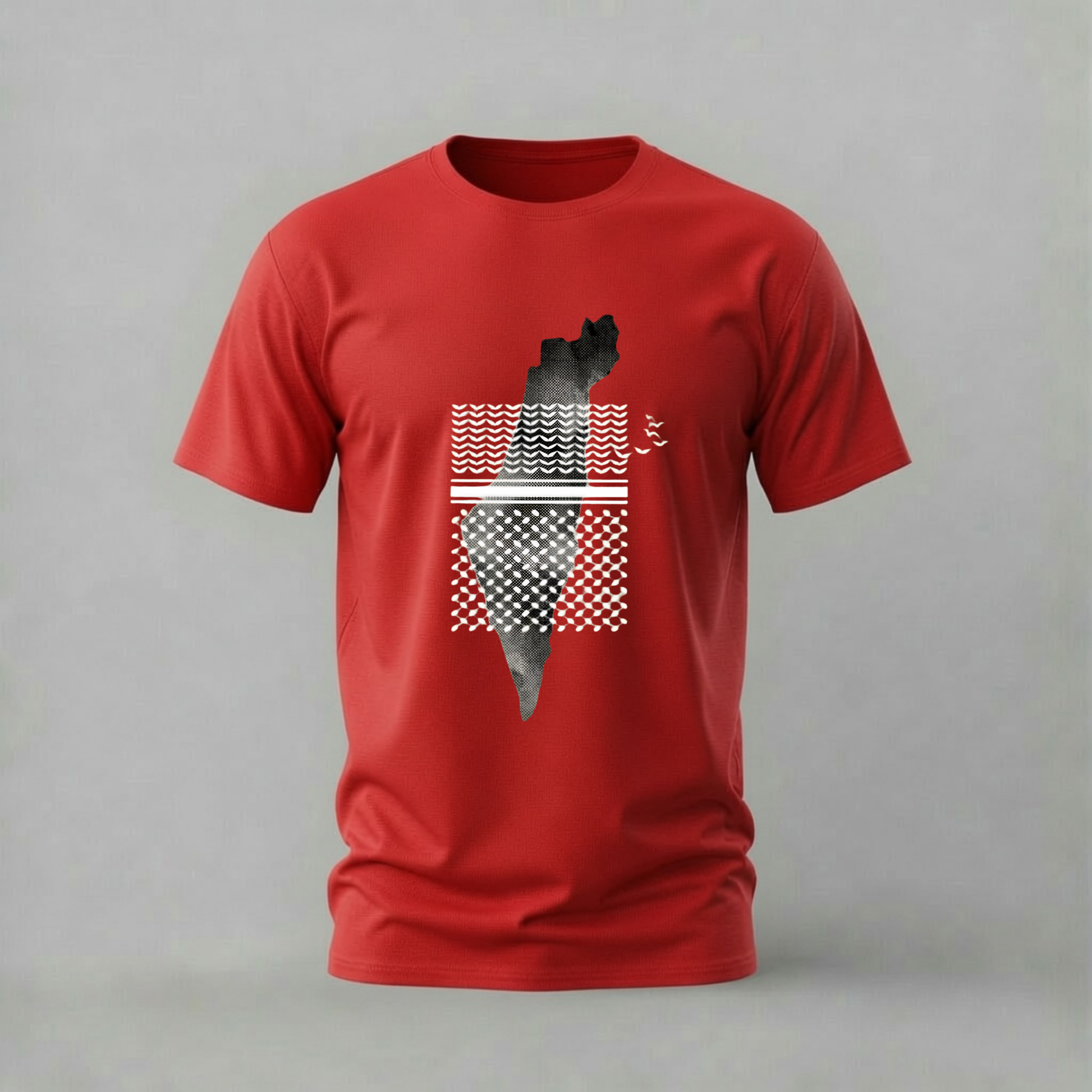 A red short-sleeve crewneck t-shirt featuring a graphic print of the map of Palestine in a black-and-white patterned design, displayed against a neutral gray background.