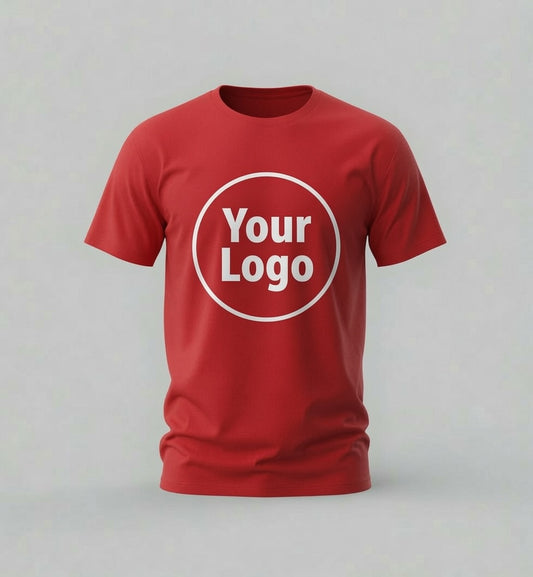 A red short-sleeve crewneck t-shirt with a white circular placeholder graphic containing the text 'Your Logo' on the chest, shown against a neutral gray background.
