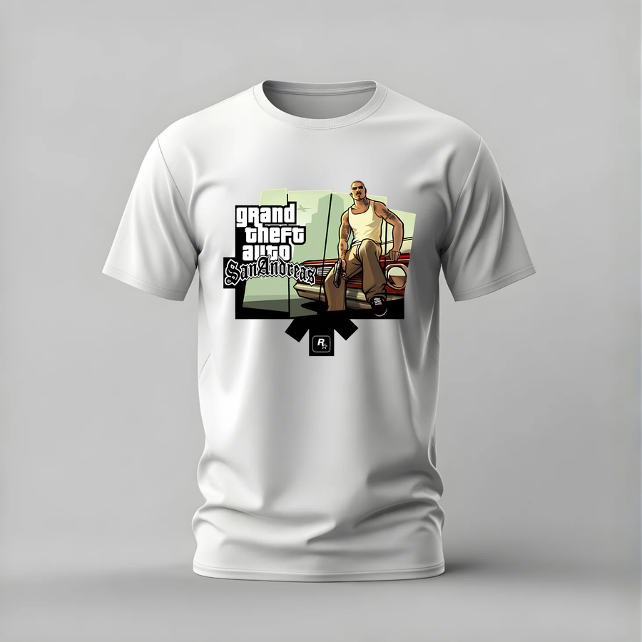 A white short-sleeve crewneck t-shirt featuring a 'Grand Theft Auto: San Andreas' graphic print on the front, displayed on a neutral gray background.