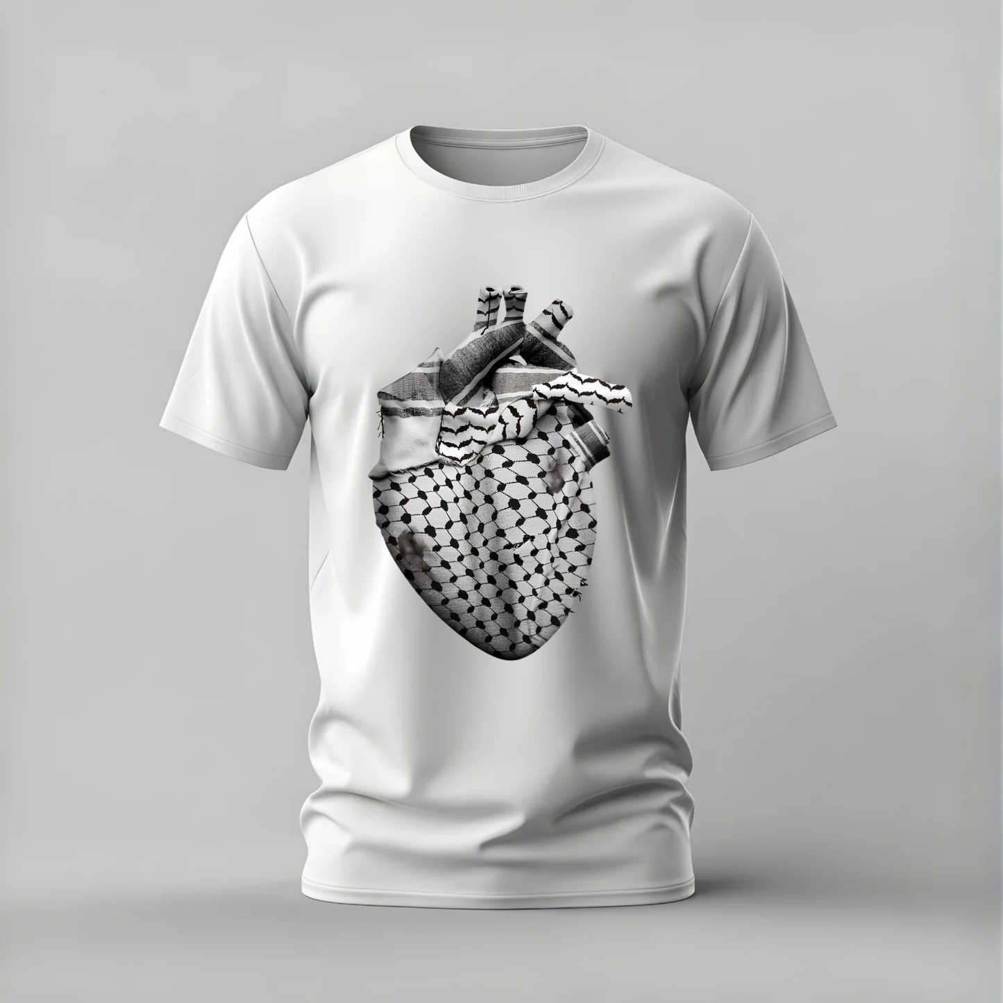 A white short-sleeve crewneck t-shirt featuring a black and white graphic print of an anatomical heart with a keffiyeh pattern, displayed on a neutral gray background.