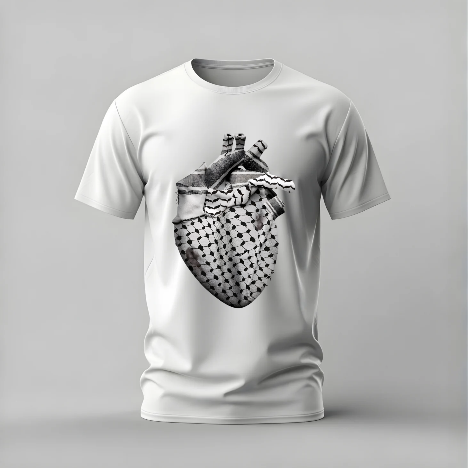 A white short-sleeve crewneck t-shirt featuring a black and white graphic print of an anatomical heart with a keffiyeh pattern, displayed on a neutral gray background.