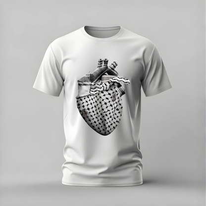 A white short-sleeve crewneck t-shirt featuring a black and white graphic print of an anatomical heart with a keffiyeh pattern, displayed on a neutral gray background.