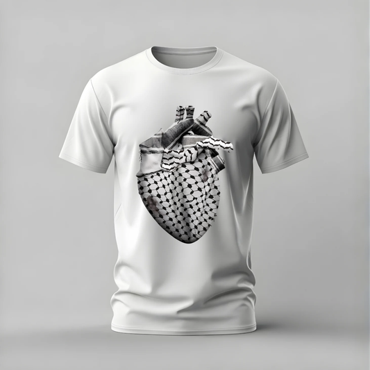 A white short-sleeve crewneck t-shirt featuring a black and white graphic print of an anatomical heart with a keffiyeh pattern, displayed on a neutral gray background.