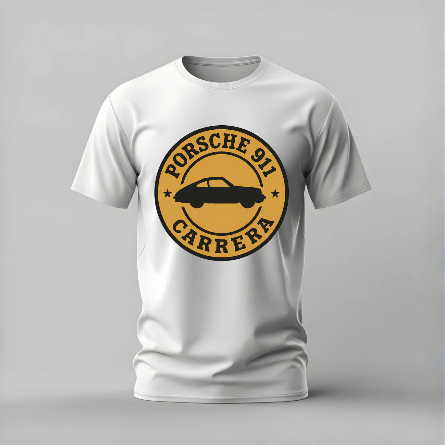 A white short-sleeve crewneck t-shirt featuring a circular yellow and black graphic on the chest that reads 'PORSCHE 911 CARRERA' with a silhouette of a sports car.