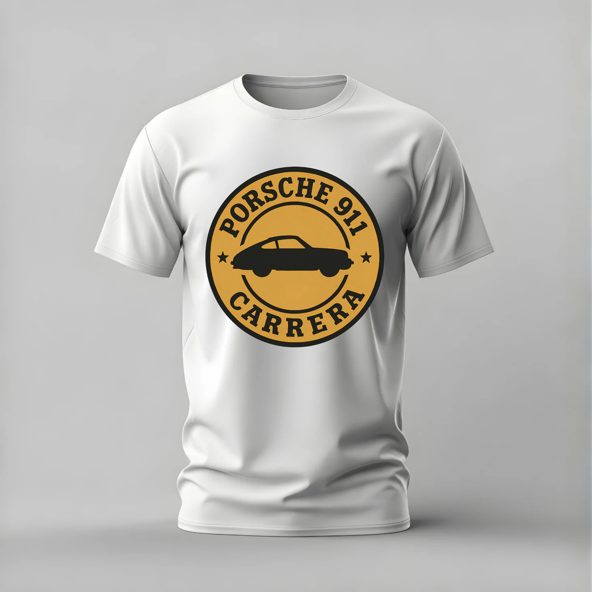 A white short-sleeve crewneck t-shirt featuring a circular yellow and black graphic on the chest that reads 'PORSCHE 911 CARRERA' with a silhouette of a sports car.