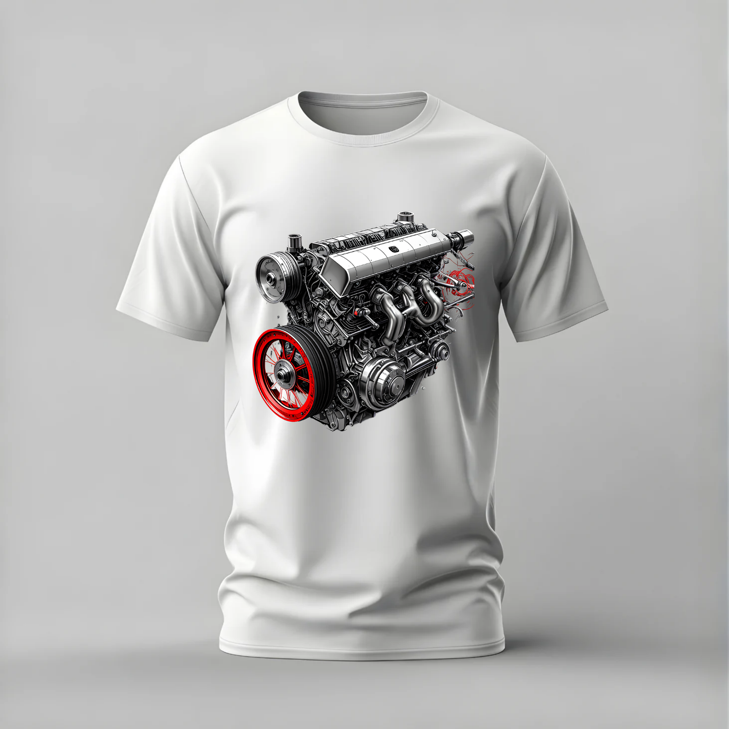 A white short-sleeve crewneck t-shirt featuring a detailed graphic print of a high-performance car engine with a prominent red wheel rim, displayed on a neutral gray background.