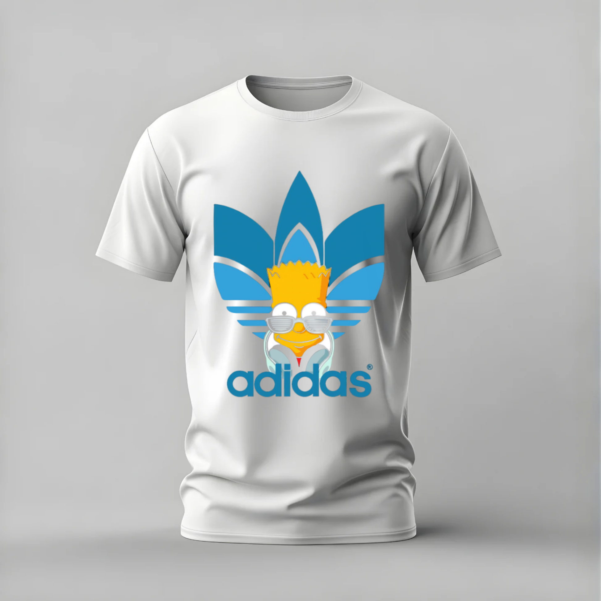 A white short-sleeve crewneck t-shirt featuring a graphic of Bart Simpson's face integrated into the Adidas trefoil logo, with the word 'adidas' printed below in blue, set against a neutral gray background.