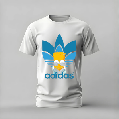 A white short-sleeve crewneck t-shirt featuring a graphic of Bart Simpson's face integrated into the Adidas trefoil logo, with the word 'adidas' printed below in blue, set against a neutral gray background.