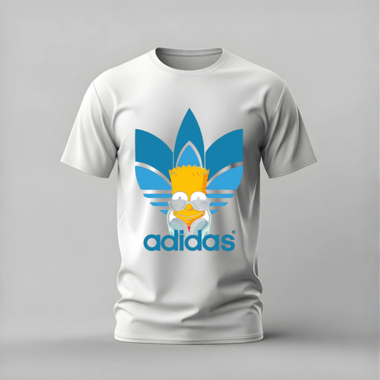 A white short-sleeve crewneck t-shirt featuring a graphic of Bart Simpson's face integrated into the Adidas trefoil logo, with the word 'adidas' printed below in blue, set against a neutral gray background.