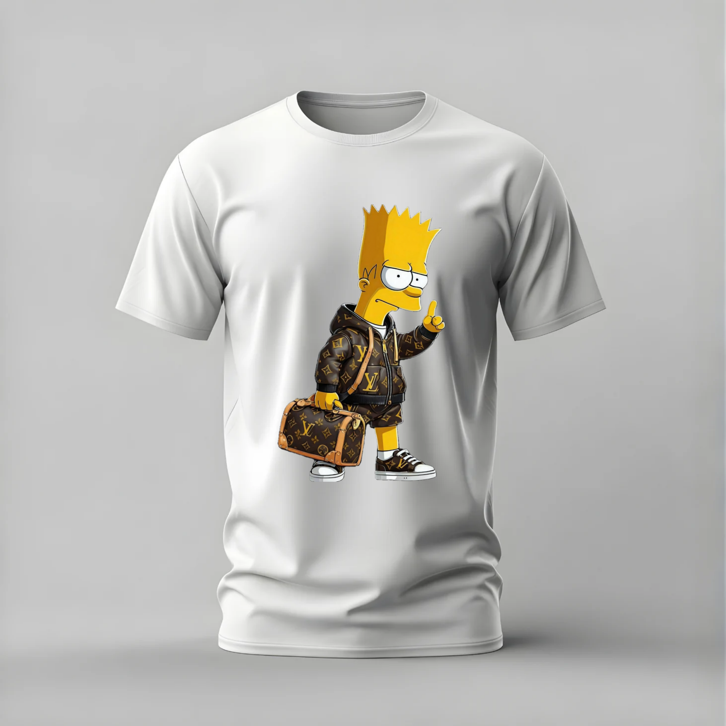 A white short-sleeve crewneck t-shirt featuring a graphic print of Bart Simpson dressed in a brown and black camouflage hoodie, holding a matching monogram duffel bag, set against a neutral gray background.