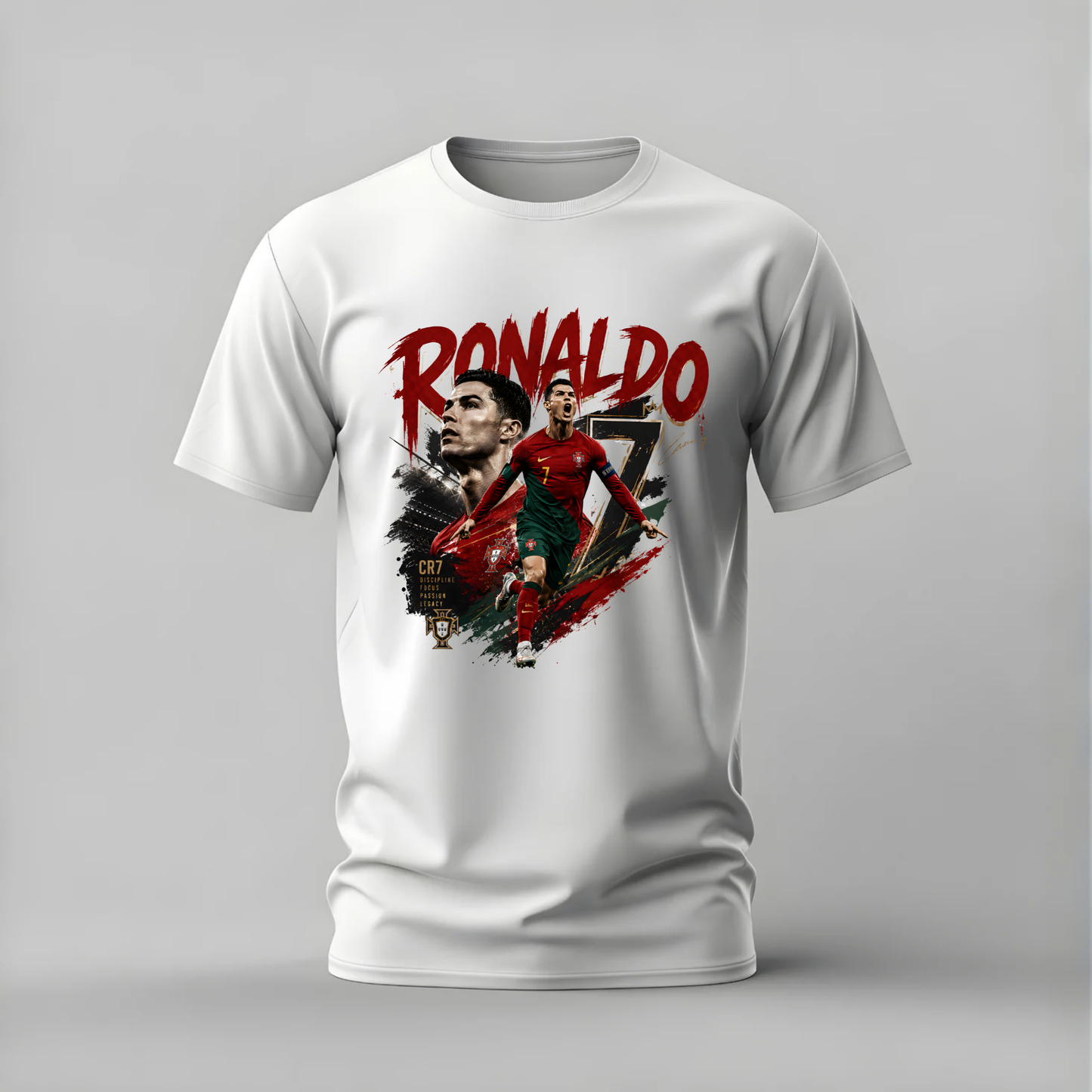 A white short-sleeve crewneck t-shirt featuring a graphic print of Cristiano Ronaldo with the name 'RONALDO' in red and a large number 7 on the front, set against a neutral gray background.