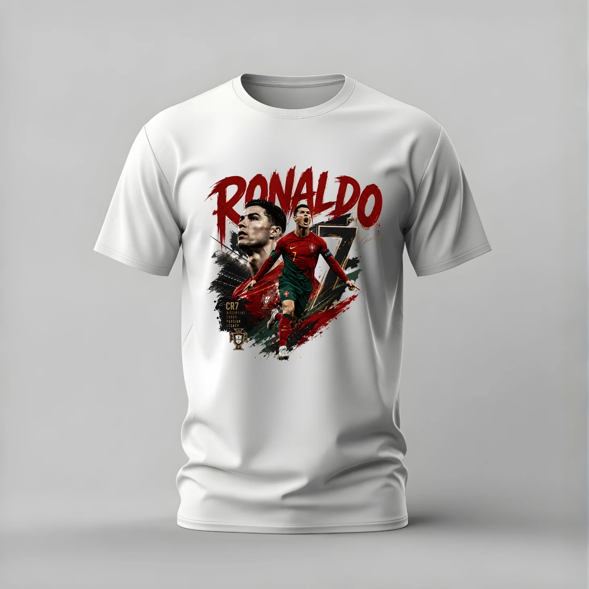 A white short-sleeve crewneck t-shirt featuring a graphic print of Cristiano Ronaldo with the name 'RONALDO' in red and a large number 7 on the front, set against a neutral gray background.