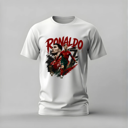 A white short-sleeve crewneck t-shirt featuring a graphic print of Cristiano Ronaldo with the name 'RONALDO' in red and a large number 7 on the front, set against a neutral gray background.