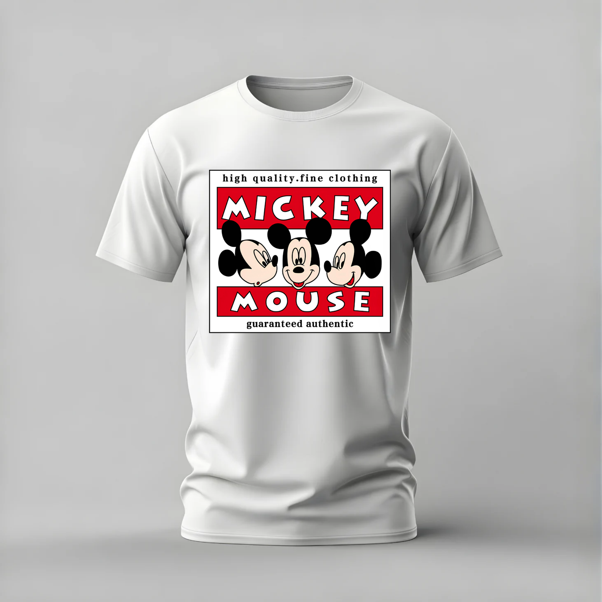 A white short-sleeve crewneck t-shirt featuring a graphic print of Mickey Mouse in a red and white retro sign design, shown on a neutral gray background.