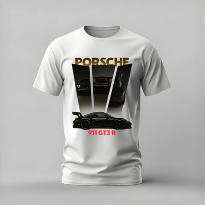 A white short-sleeve crewneck t-shirt featuring a graphic print of a black Porsche 911 GT3 R with gold 'PORSCHE' lettering and red '911 GT3 R' text, displayed on a neutral gray background.