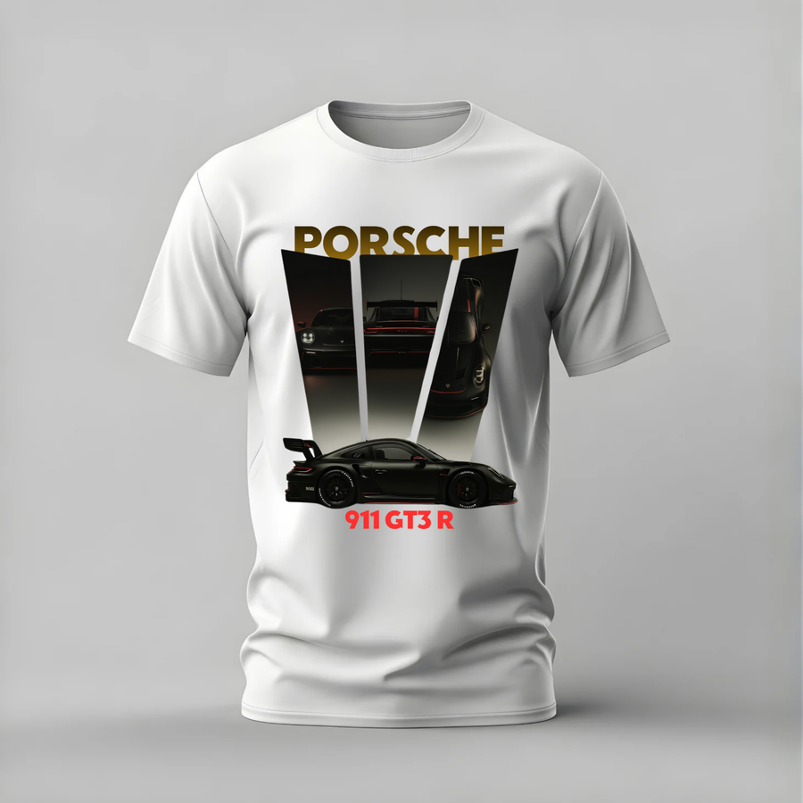 A white short-sleeve crewneck t-shirt featuring a graphic print of a black Porsche 911 GT3 R with gold 'PORSCHE' lettering and red '911 GT3 R' text, displayed on a neutral gray background.