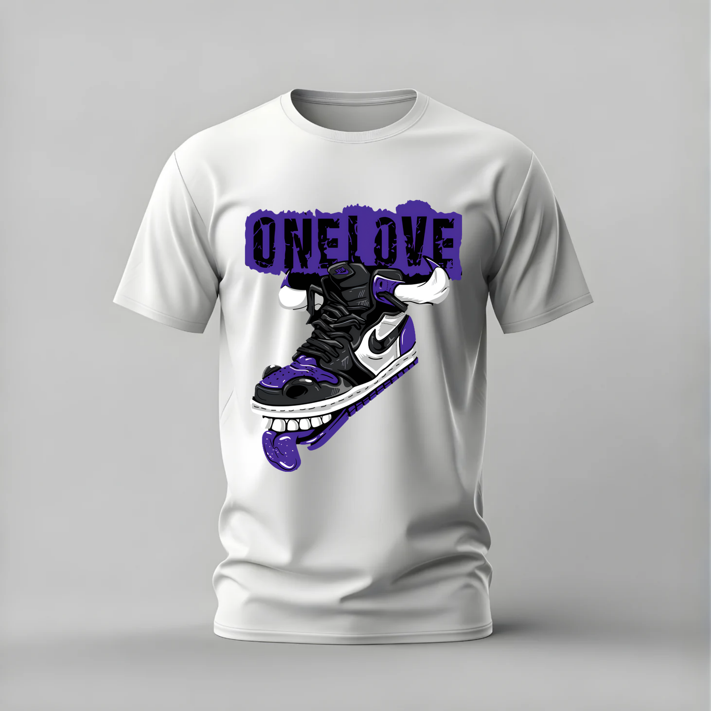 A white short-sleeve crewneck t-shirt featuring a graphic print of a black and purple sneaker on a skateboard with the text 'ONE LOVE' in purple above it, displayed on a neutral gray background.