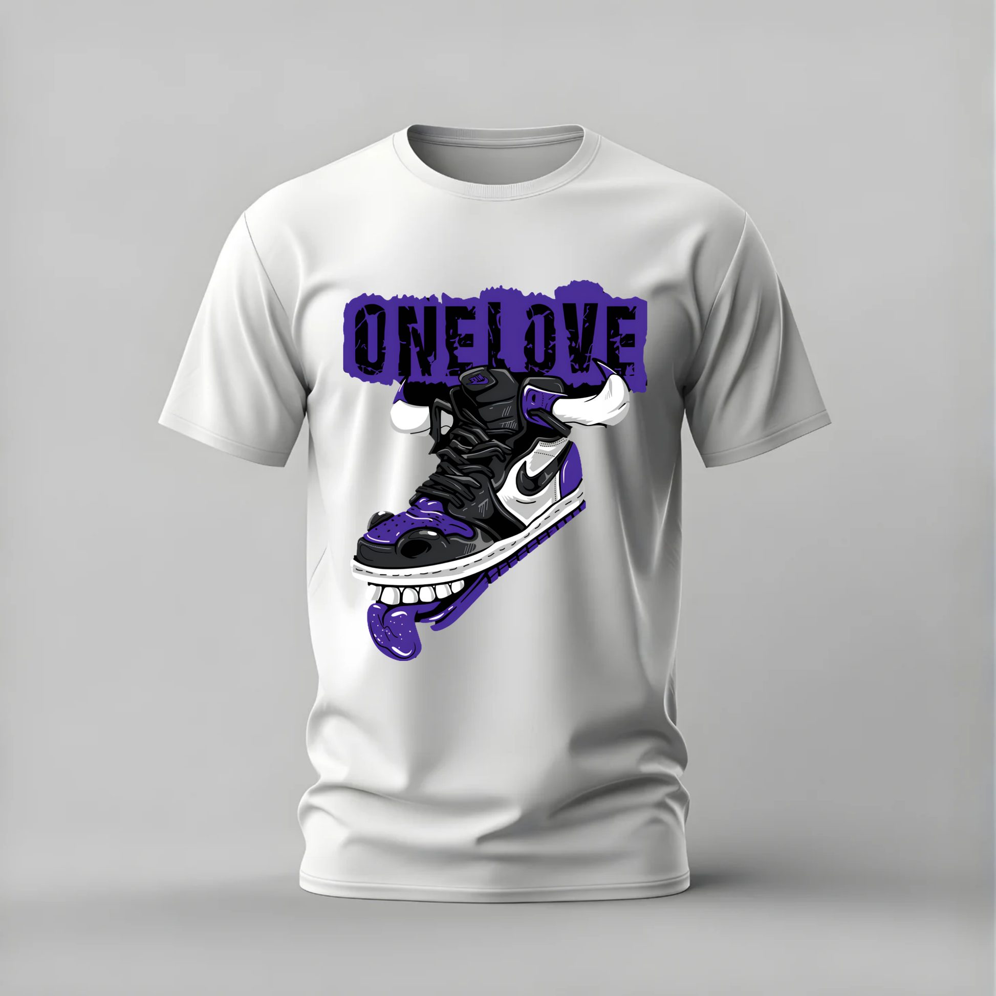 A white short-sleeve crewneck t-shirt featuring a graphic print of a black and purple sneaker on a skateboard with the text 'ONE LOVE' in purple above it, displayed on a neutral gray background.