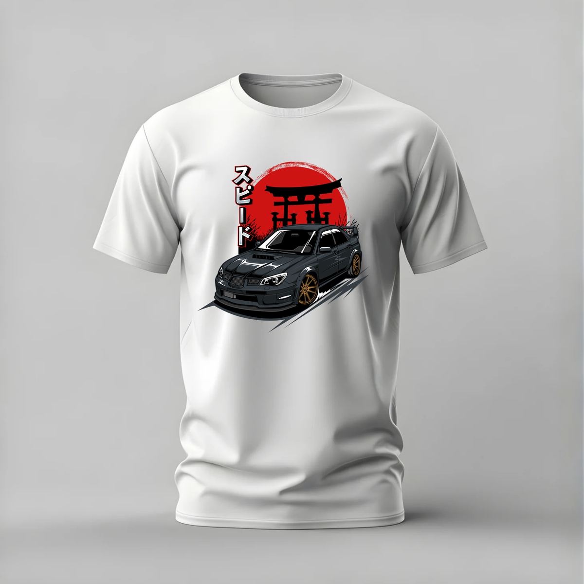 A white short-sleeve crewneck t-shirt featuring a graphic print of a black sports car in front of a red sun and torii gate, with vertical Japanese text on the chest, displayed on a neutral gray background.