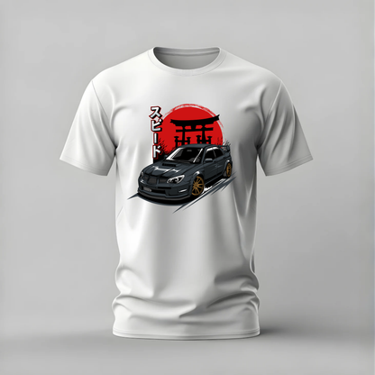 A white short-sleeve crewneck t-shirt featuring a graphic print of a black sports car in front of a red sun and torii gate, with vertical Japanese text on the chest, displayed on a neutral gray background.