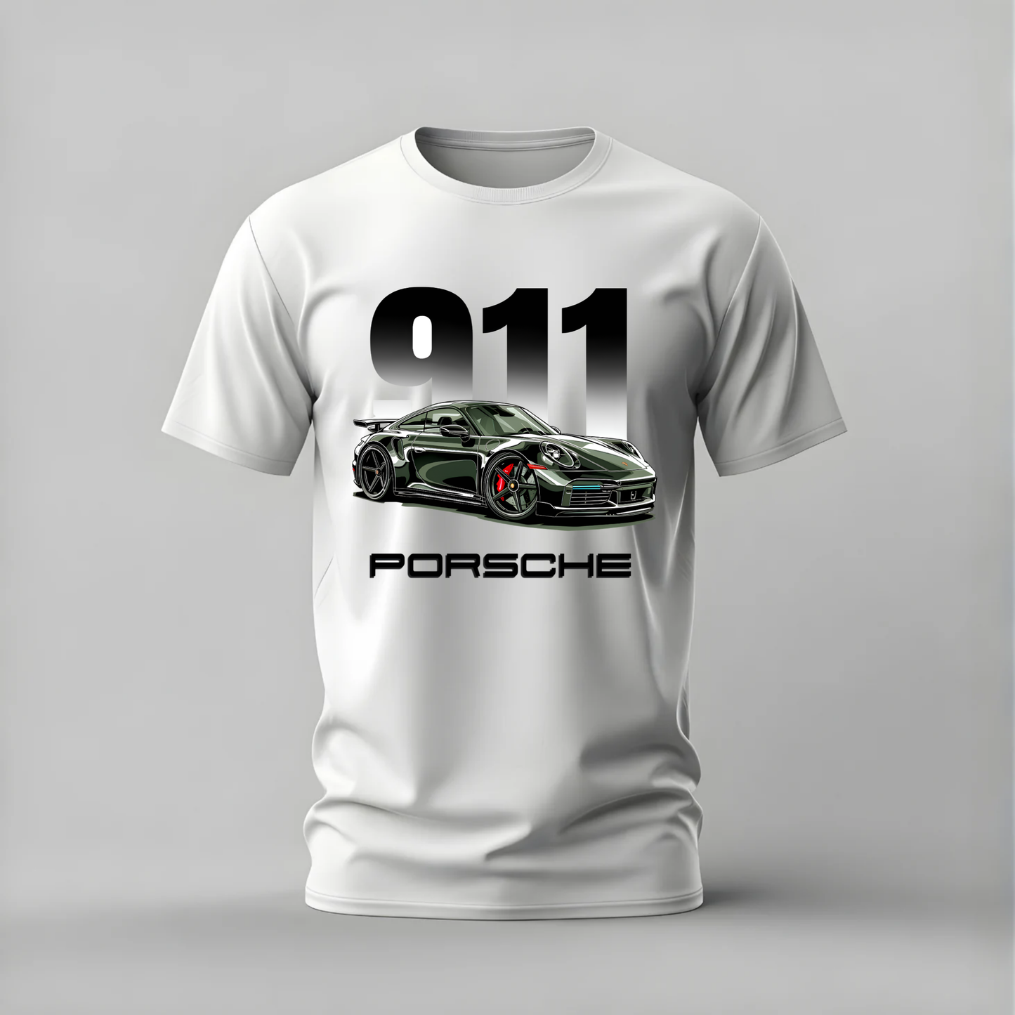 A white short-sleeve crewneck t-shirt featuring a graphic print of a green Porsche 911 car with the text '911' and 'PORSCHE' on the front, displayed against a neutral gray background.