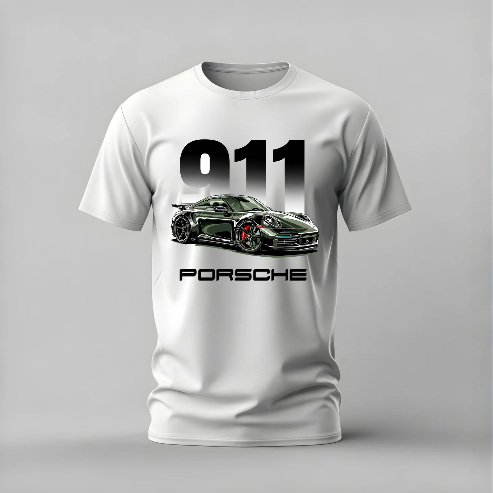 A white short-sleeve crewneck t-shirt featuring a graphic print of a green Porsche 911 car with the text '911' and 'PORSCHE' on the front, displayed against a neutral gray background.
