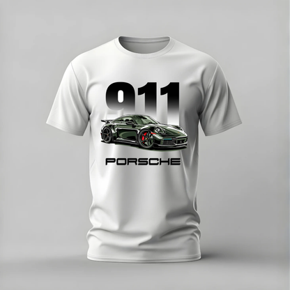 A white short-sleeve crewneck t-shirt featuring a graphic print of a green Porsche 911 car with the text '911' and 'PORSCHE' on the front, displayed against a neutral gray background.