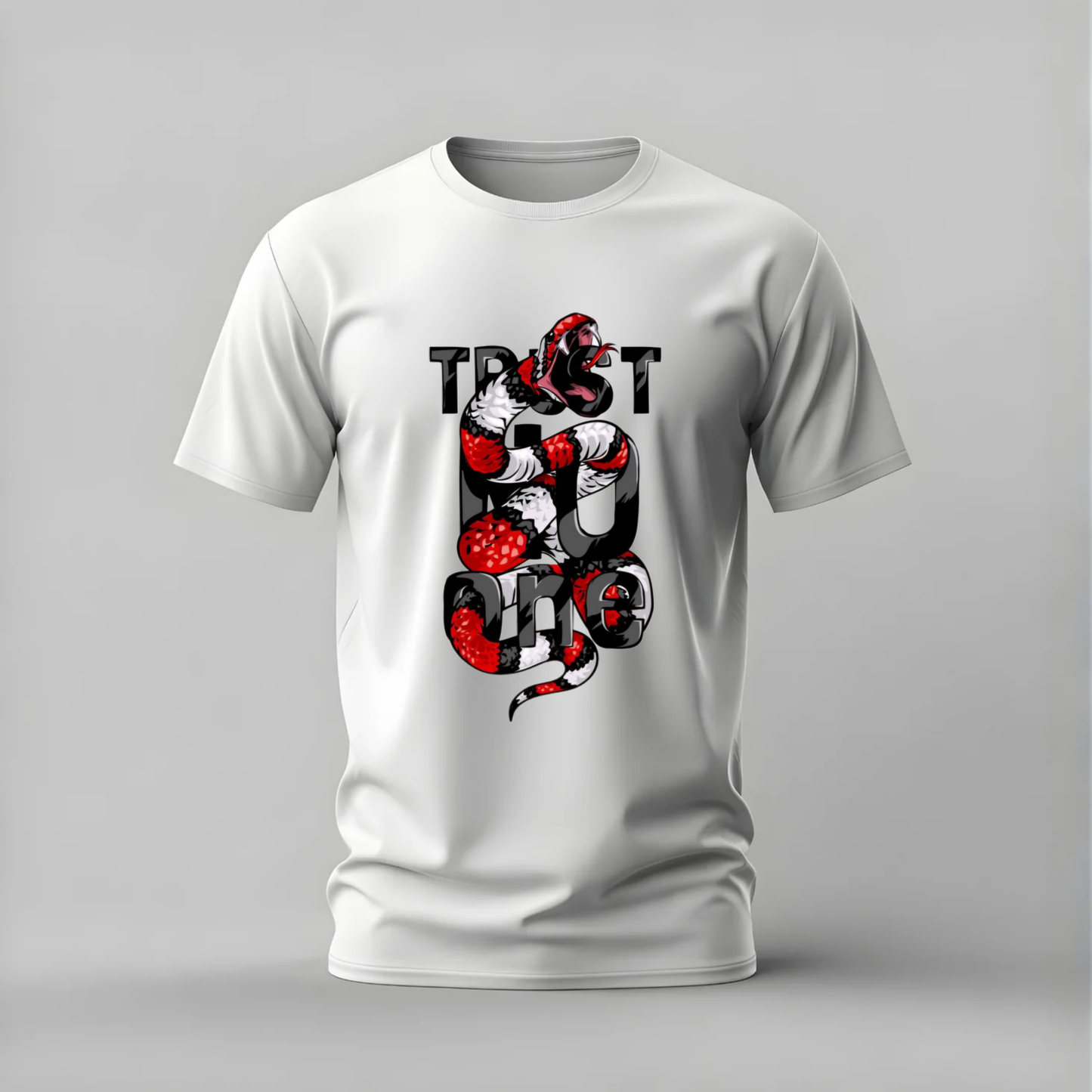 A white short-sleeve crewneck t-shirt featuring a graphic print of a red and black snake wrapped around the letters 'TRUST' and 'EGO' on the front, displayed on a neutral gray background.