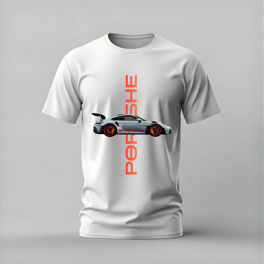 A white short-sleeve crewneck t-shirt featuring a graphic print of a silver sports car with red wheels, overlaid with the word 'PORSCHE' in vertical orange letters, shown on a neutral gray background.