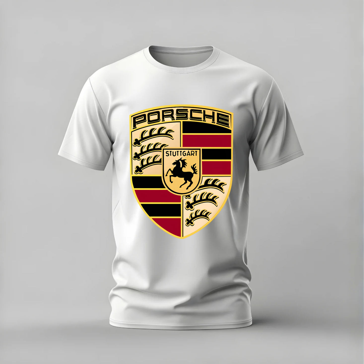 A white short-sleeve crewneck t-shirt featuring a large Porsche crest graphic on the chest, displayed against a neutral gray background.