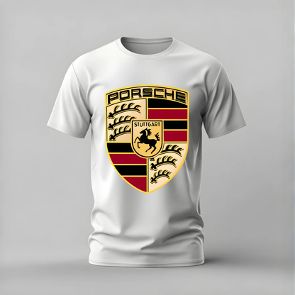 A white short-sleeve crewneck t-shirt featuring a large Porsche crest graphic on the chest, displayed against a neutral gray background.