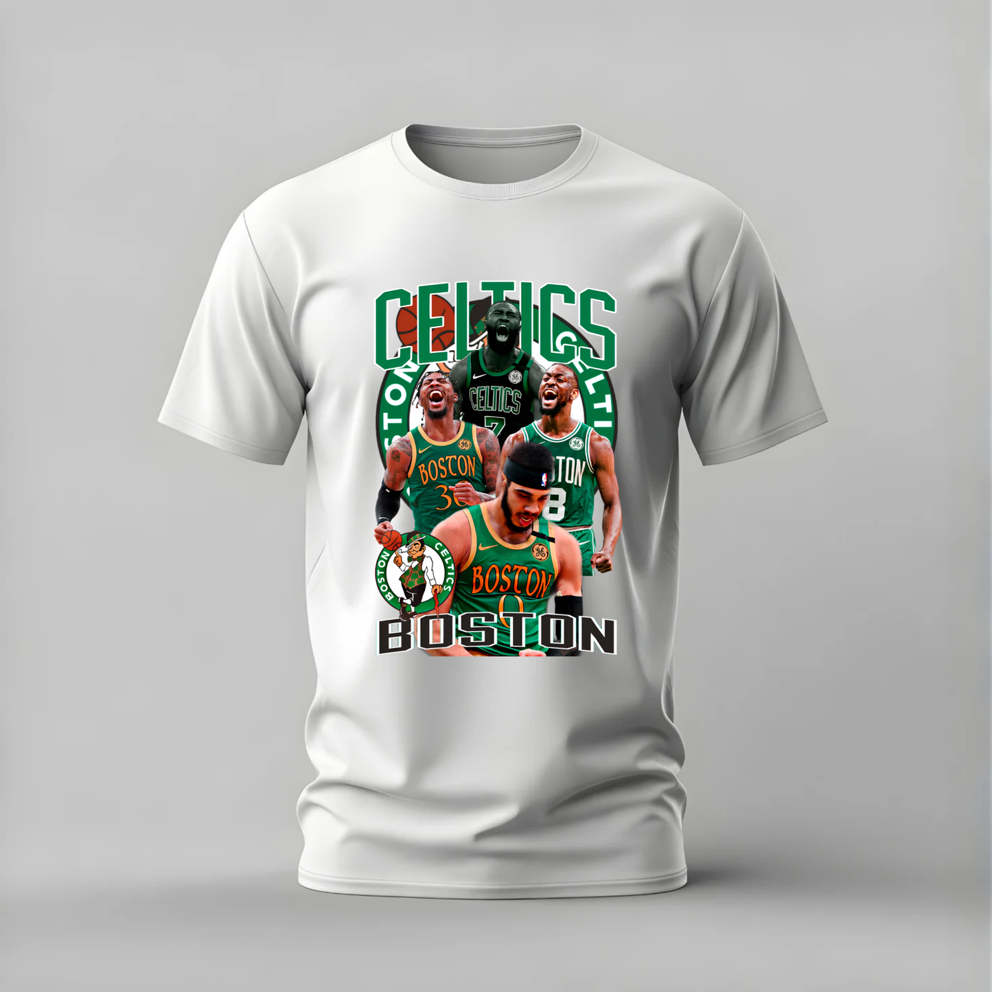 A white short-sleeve crewneck t-shirt featuring a large graphic print of Boston Celtics players and team logos on the front, displayed against a neutral gray background.