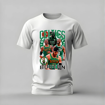 A white short-sleeve crewneck t-shirt featuring a large graphic print of Boston Celtics players and team logos on the front, displayed against a neutral gray background.