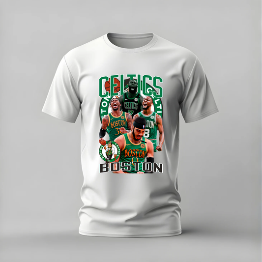 A white short-sleeve crewneck t-shirt featuring a large graphic print of Boston Celtics players and team logos on the front, displayed against a neutral gray background.