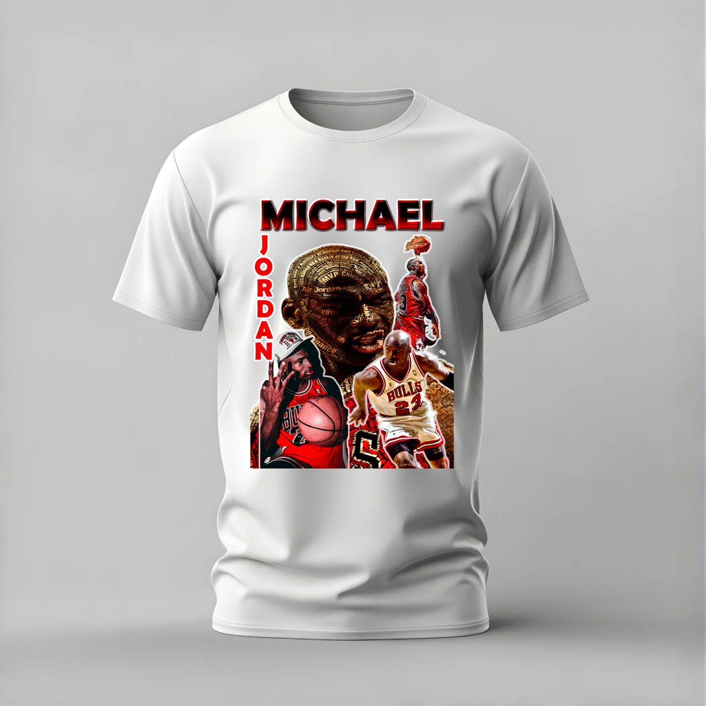 A white short-sleeve crewneck t-shirt featuring a large graphic print of Michael Jordan. The graphic includes his name in bold red letters, a collage of photos of Michael Jordan in basketball attire, and red vertical text reading 'JORDAN'.