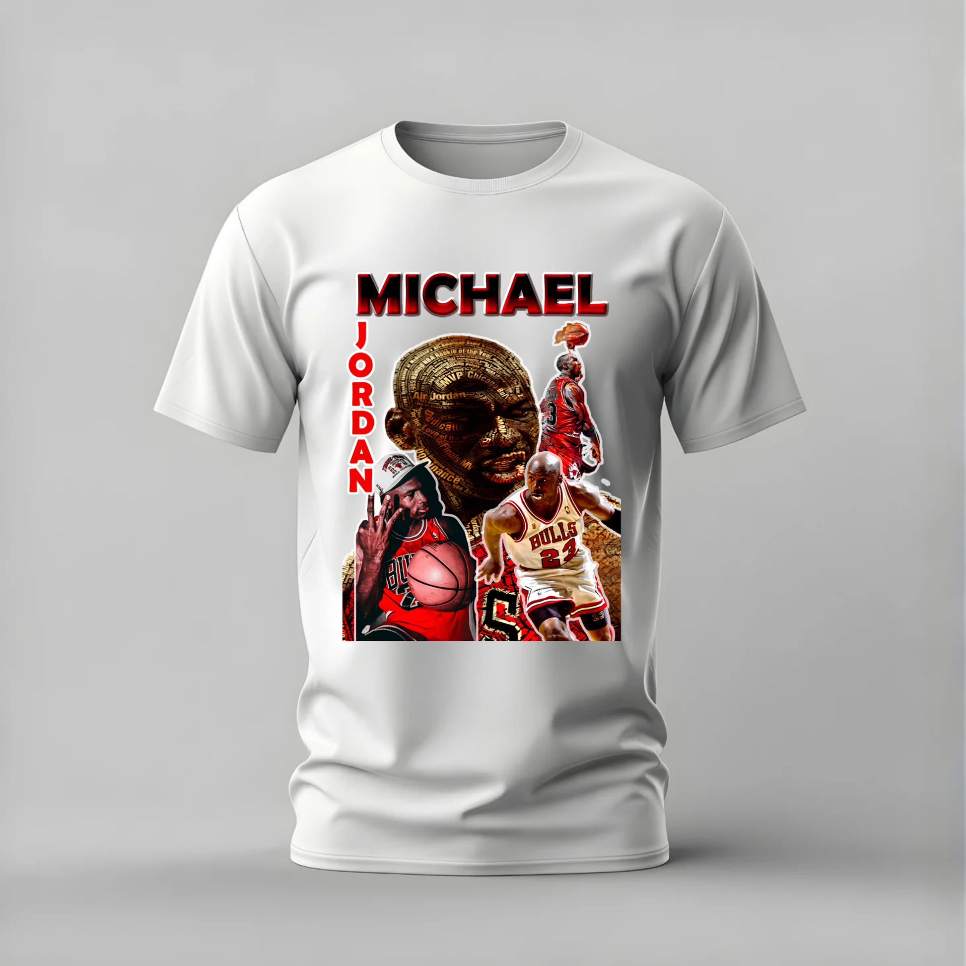 A white short-sleeve crewneck t-shirt featuring a large graphic print of Michael Jordan. The graphic includes his name in bold red letters, a collage of photos of Michael Jordan in basketball attire, and red vertical text reading 'JORDAN'.