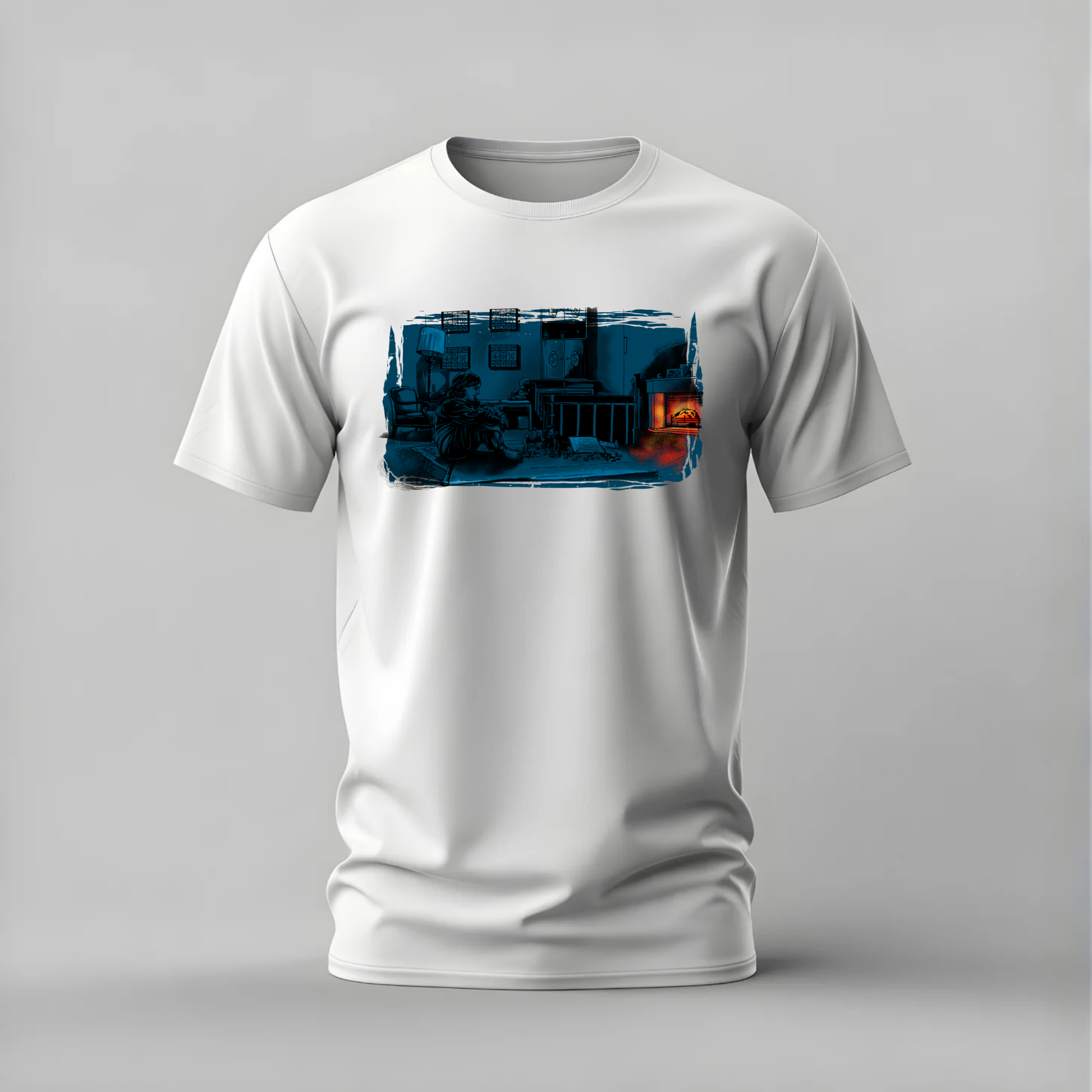 A white short-sleeve crewneck t-shirt with a rectangular graphic print on the chest depicting a dark blue and black industrial scene with a small orange glow, shown against a neutral gray background.
