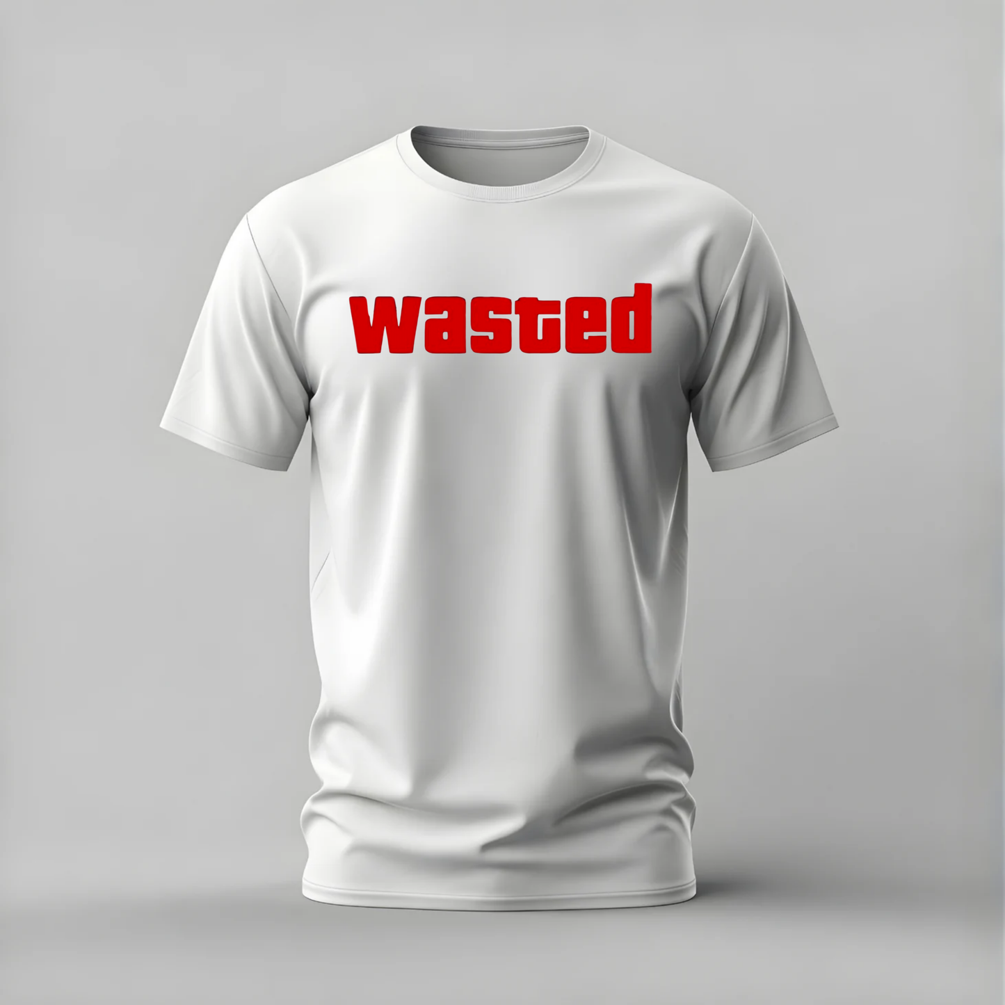A white short-sleeve crewneck t-shirt with the word 'wasted' printed across the chest in bold red lowercase letters, shown on a neutral gray background.