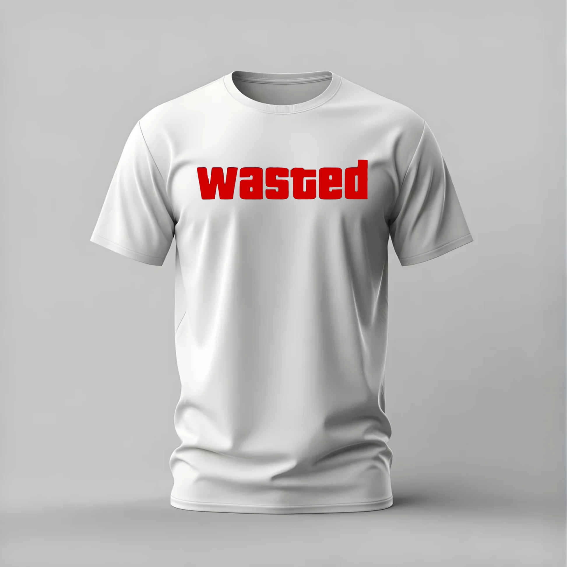A white short-sleeve crewneck t-shirt with the word 'wasted' printed across the chest in bold red lowercase letters, shown on a neutral gray background.