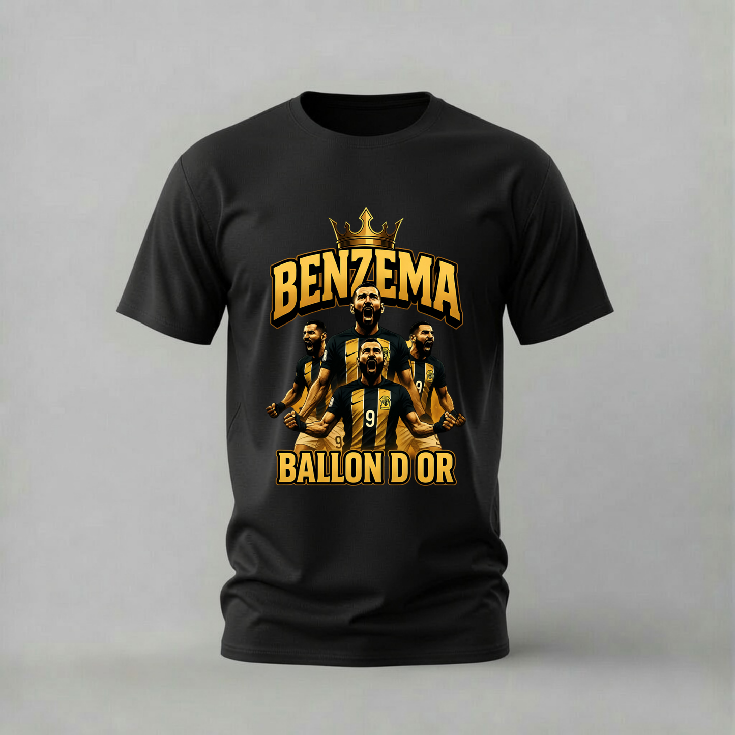 Benzema Ballon d'Or T-Shirt with powerful graphic. Football legend design on soft 100% cotton. Multiple colors available.