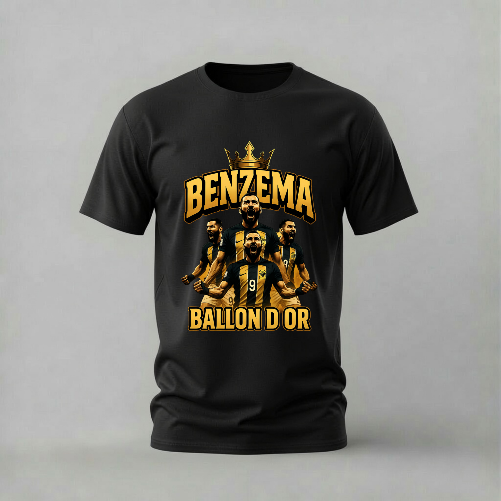 Benzema Ballon d'Or T-Shirt with powerful graphic. Football legend design on soft 100% cotton. Multiple colors available.
