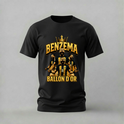 Benzema Ballon d'Or T-Shirt with powerful graphic. Football legend design on soft 100% cotton. Multiple colors available.