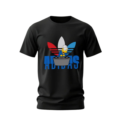 Black t-shirt with Adidas logo parody featuring a character from 'The Simpsons'.