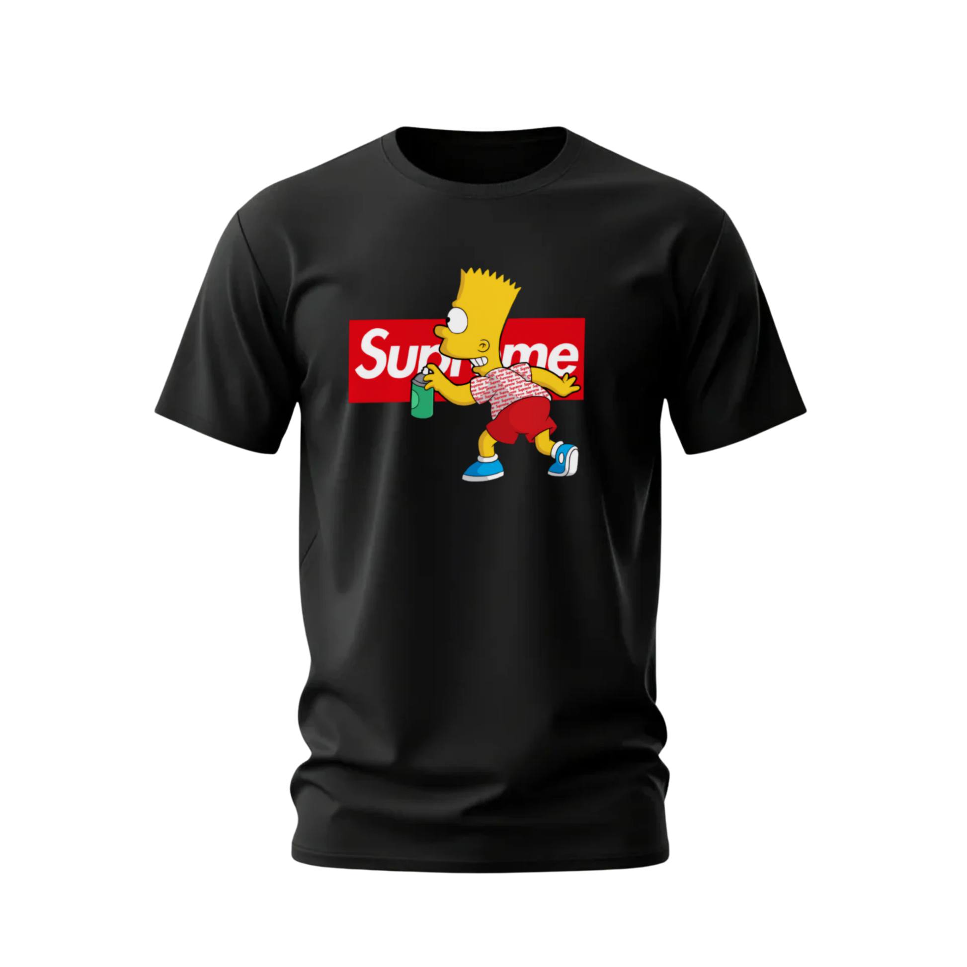 Black t-shirt with Bart Simpson graphic and Supreme logo on a white background