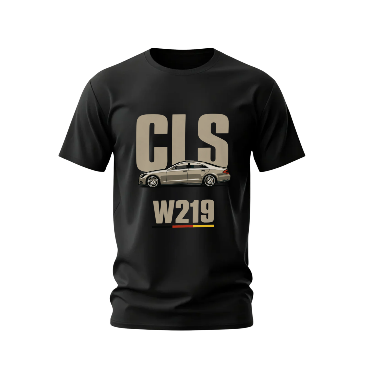 Black t-shirt with 'CLS W219' design featuring a car on a white background