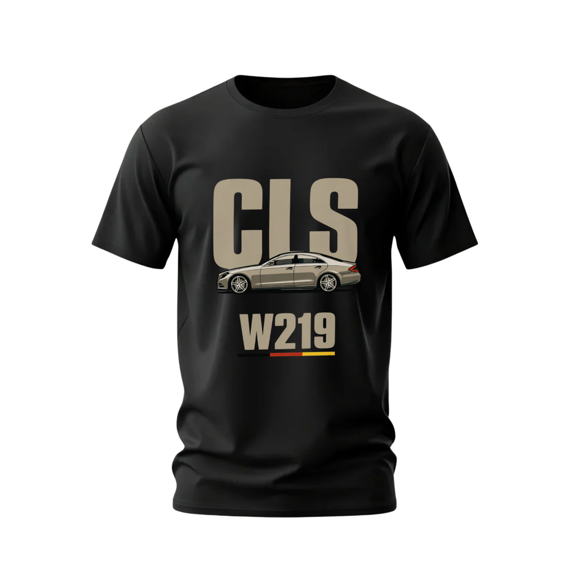Black t-shirt with 'CLS W219' design featuring a car on a white background