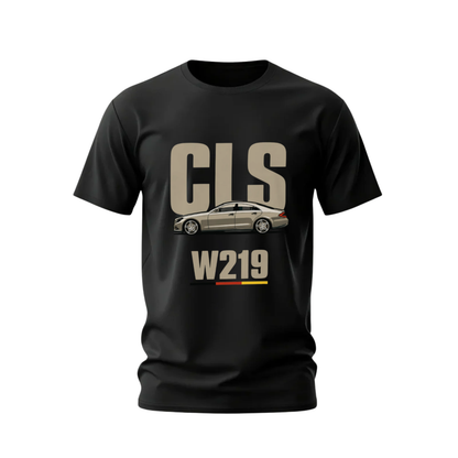 Black t-shirt with 'CLS W219' design featuring a car on a white background